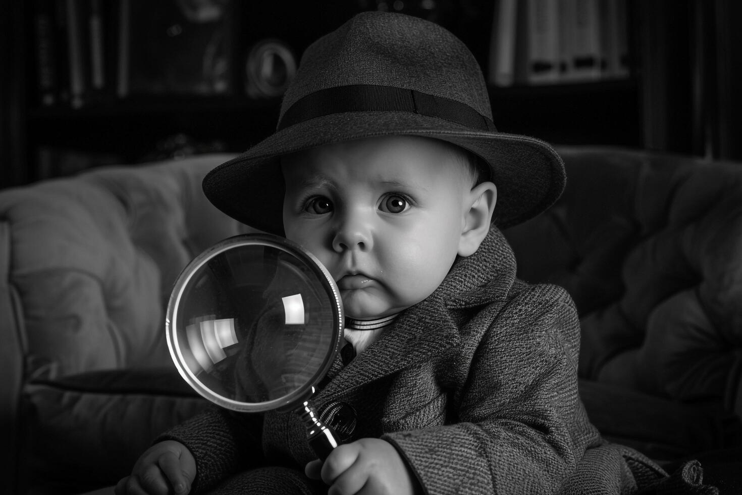 Baby in Noir Detective Outfit with Magnifying Glass Adorable and Vintage Costume Look photo
