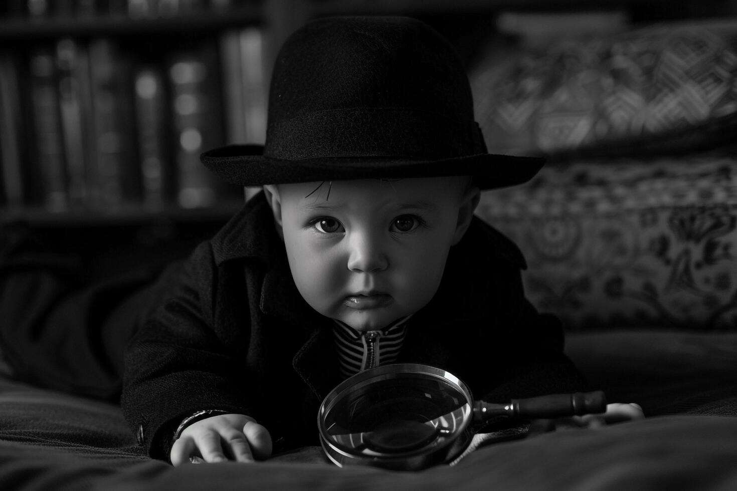 Baby in Noir Detective Outfit with Magnifying Glass Adorable and Vintage Costume Look photo