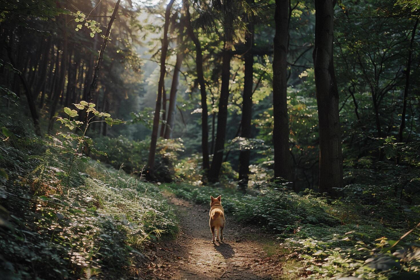 Dog Adventuring Through a Dense Forest with Sunlight Streaming Through the Trees photo