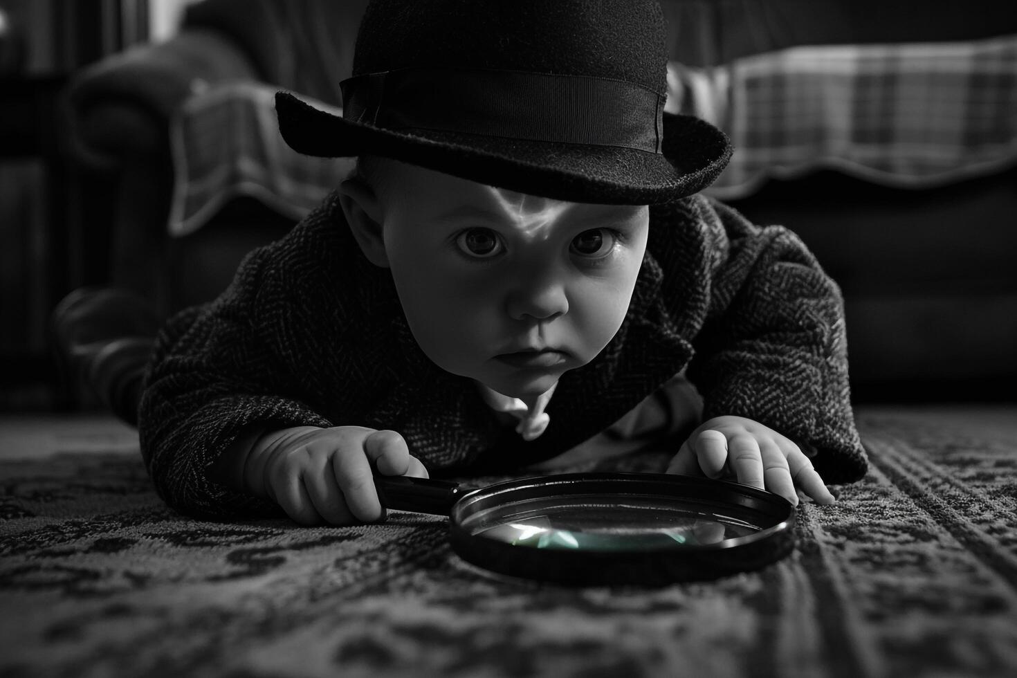 Baby in Noir Detective Outfit with Magnifying Glass Adorable and Vintage Costume Look photo