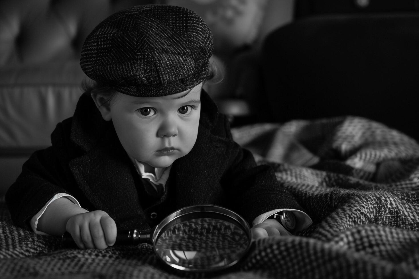 Baby in Noir Detective Outfit with Magnifying Glass Adorable and Vintage Costume Look photo