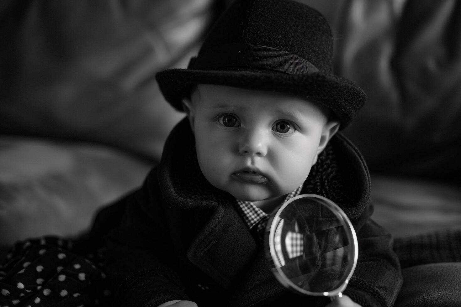 Baby in Noir Detective Outfit with Magnifying Glass Adorable and Vintage Costume Look photo