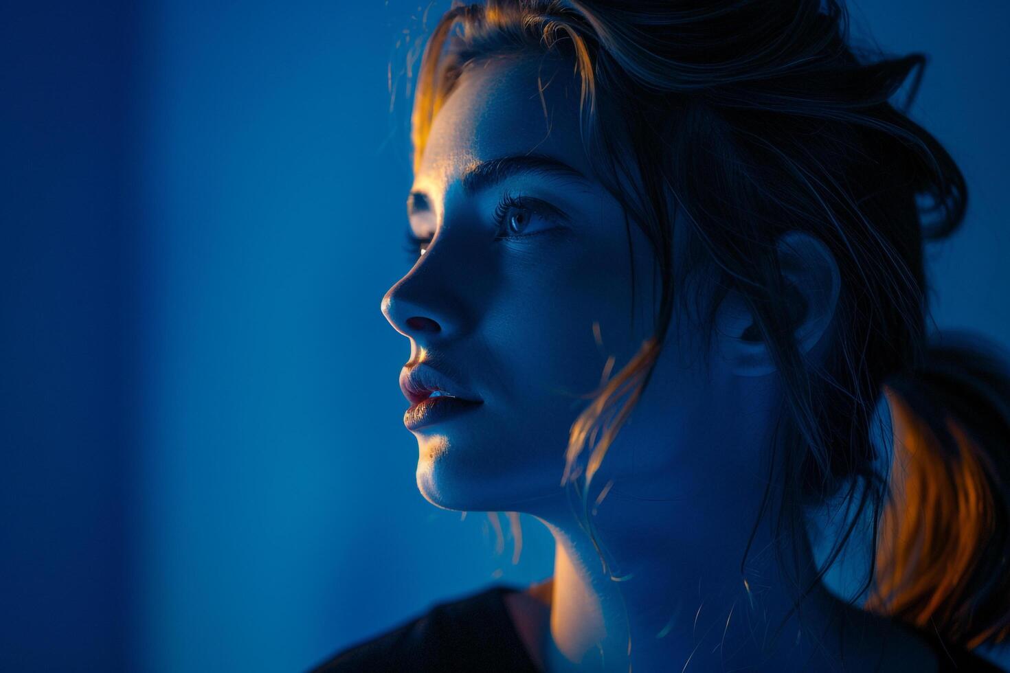 Woman Food backgroundAgainst Deep Indigo Background Striking and B Portrait photo