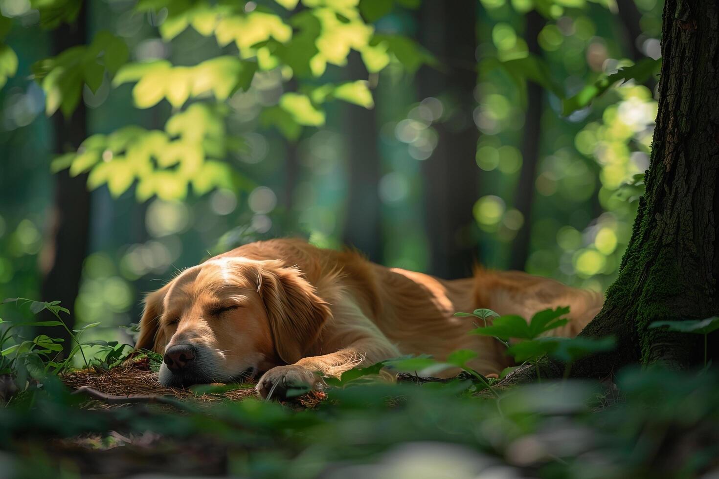 Dog Resting Under a Leafy Tree Canopy in a Tranquil Forest Glade photo