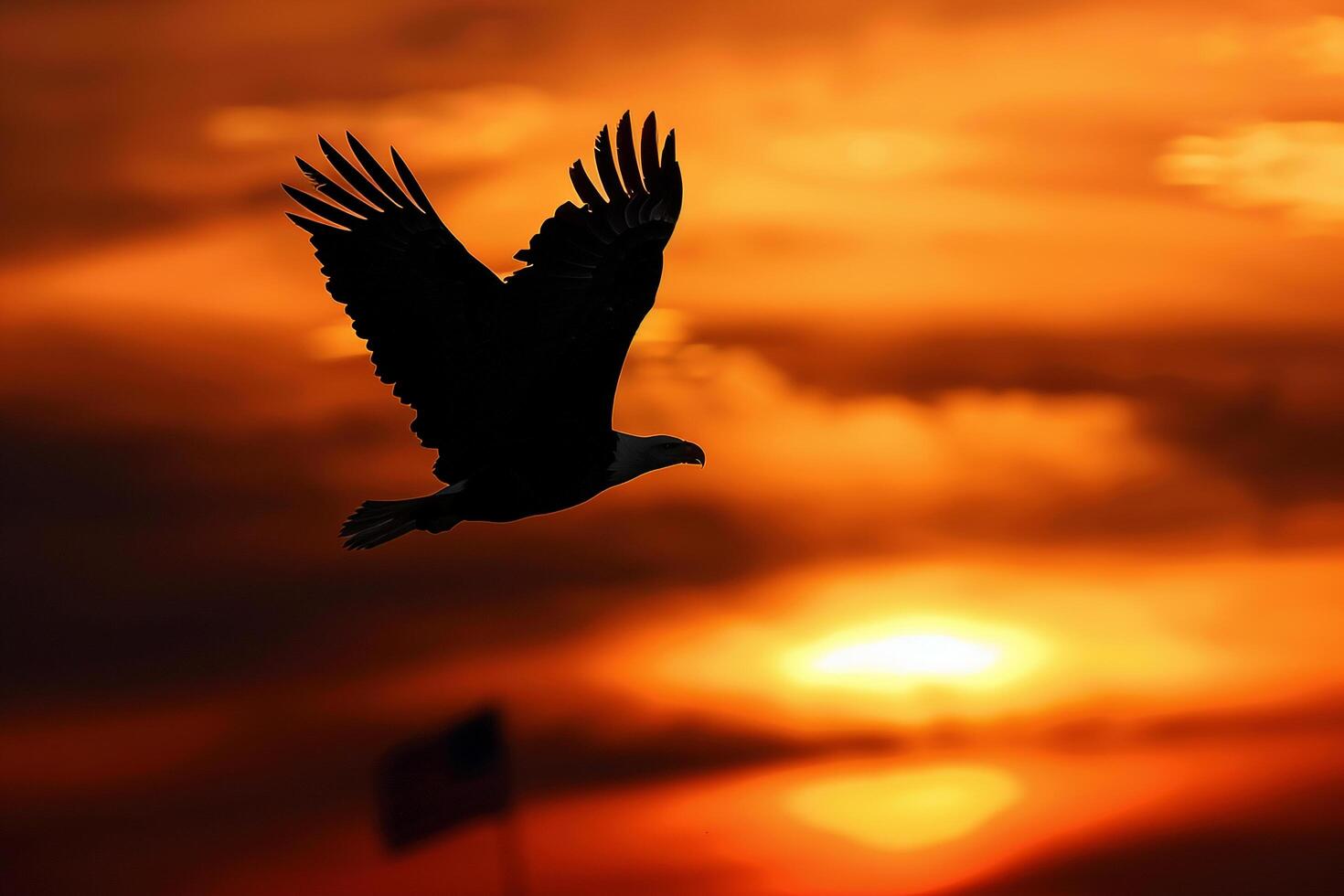 Silhouette of American Bald Eagle Flying Against Sunset Sky with American Flag Background photo