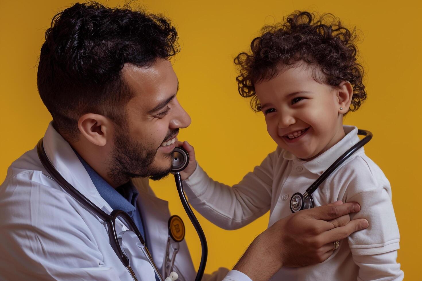 Pediatrician with Stethoscope and Smiling Child photo