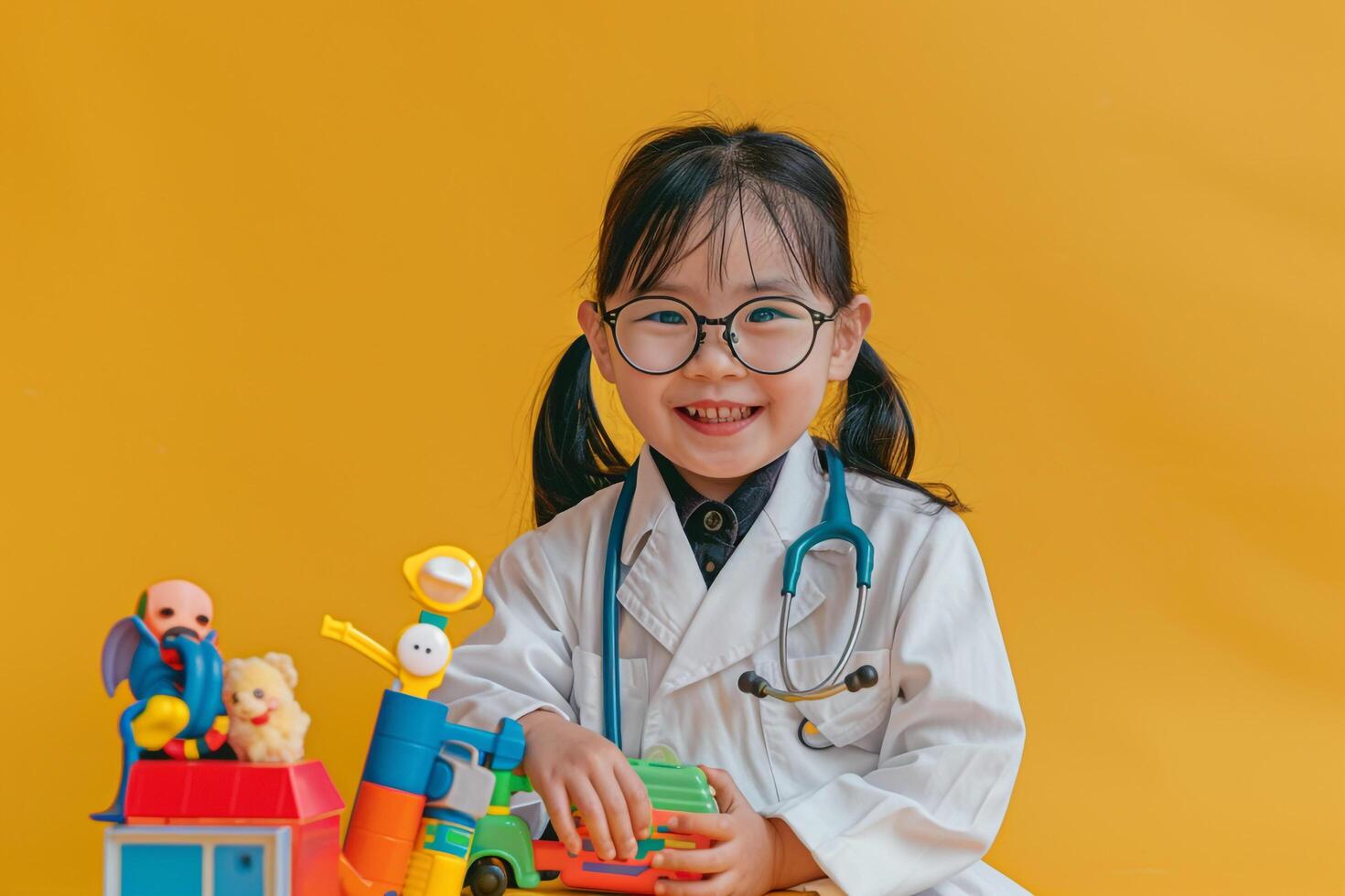 Pediatrician with Stethoscope and Toys in Clinic Background photo