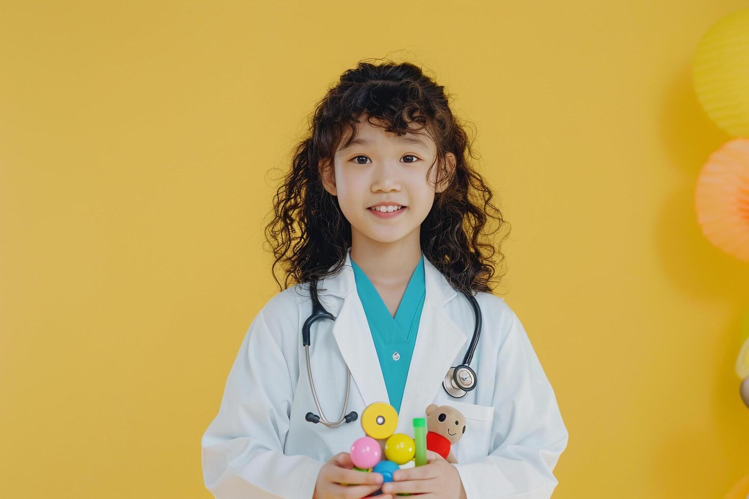 Pediatrician with Stethoscope and Toys in Happy Medical  Background photo