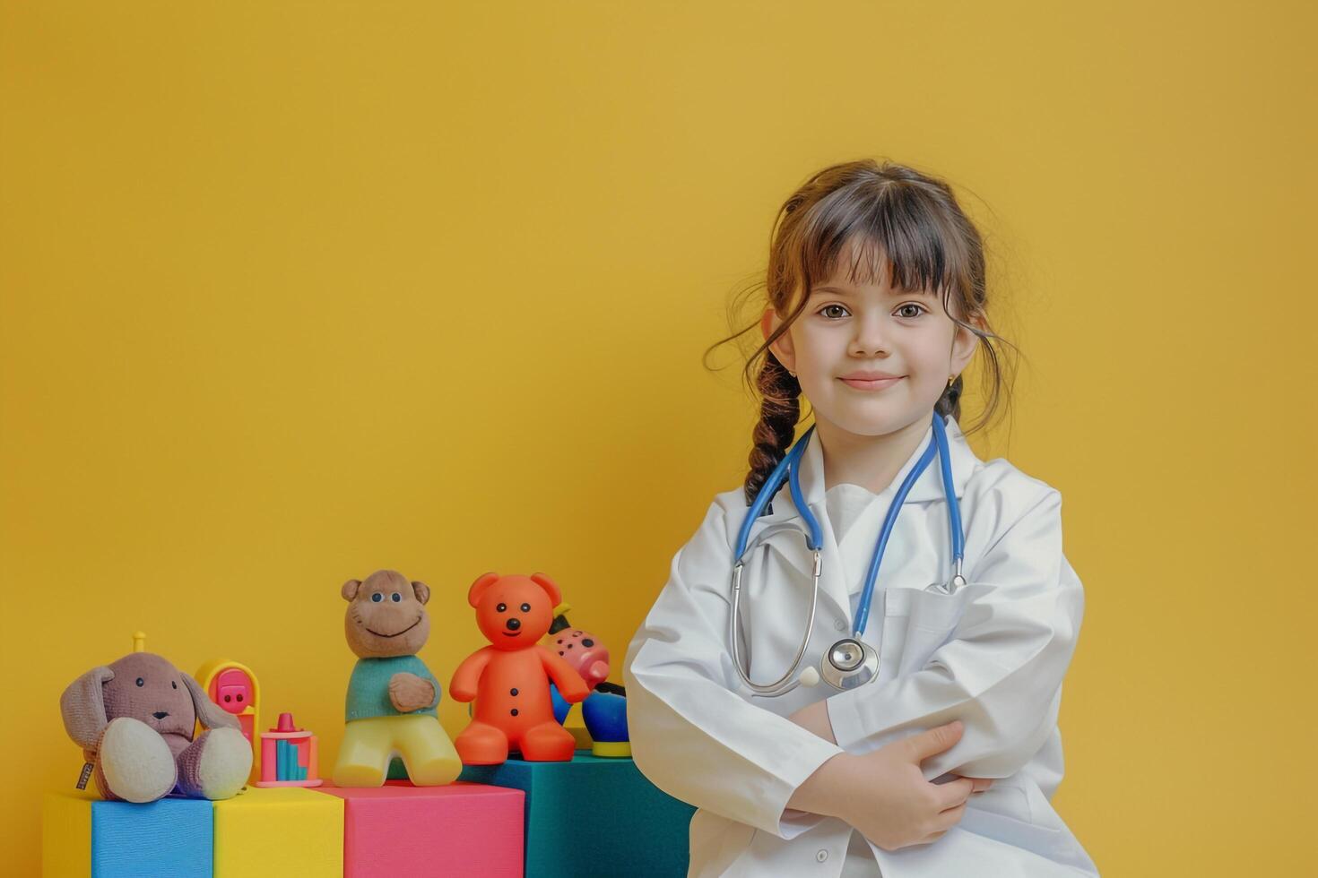 Pediatrician with Stethoscope and Toys in Cheerful Medical Room Background photo