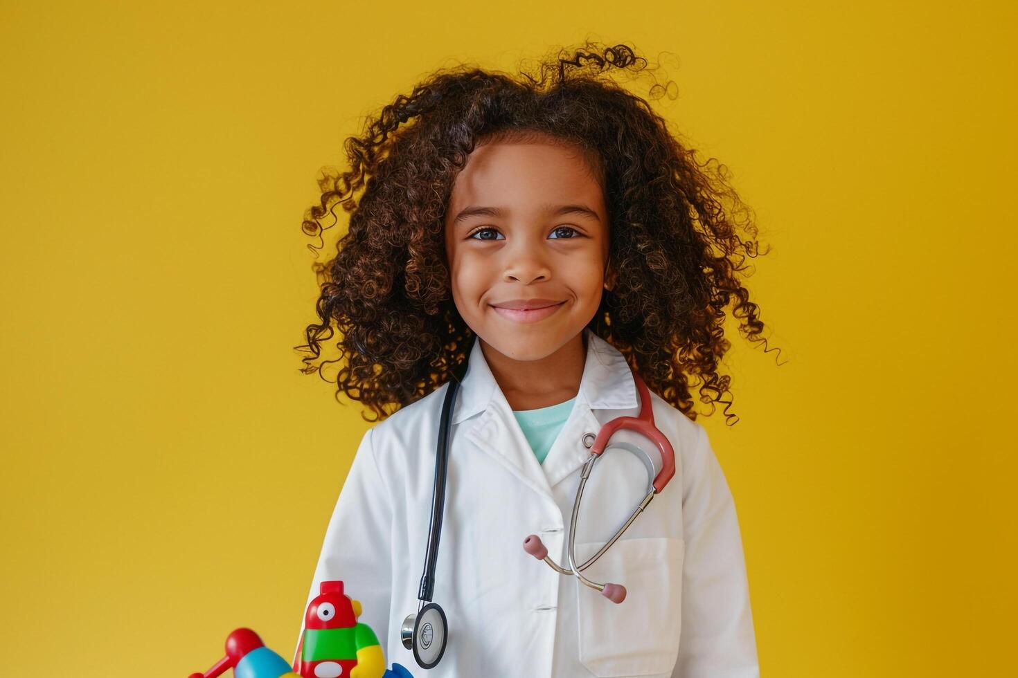 Pediatrician with Stethoscope and Toys in Joyful Clinic Background photo