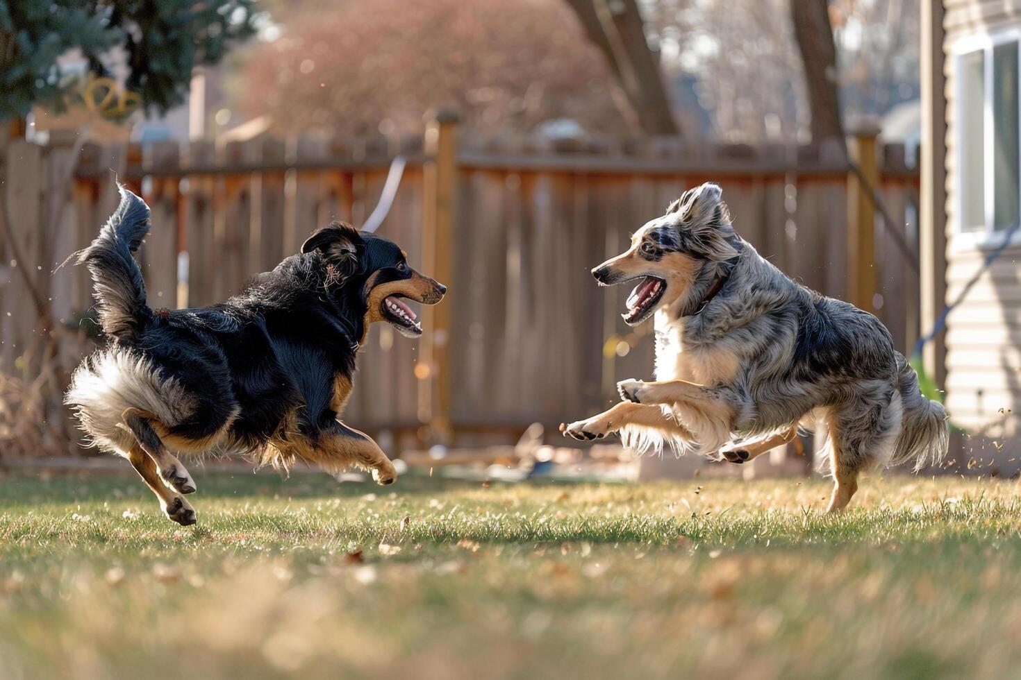 Two Dogs Playing in Fenced Backyard Happy Moments Background photo