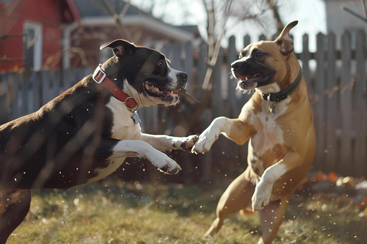 Two Dogs Playing Together in a Secure Fenced Backyard Area Background photo