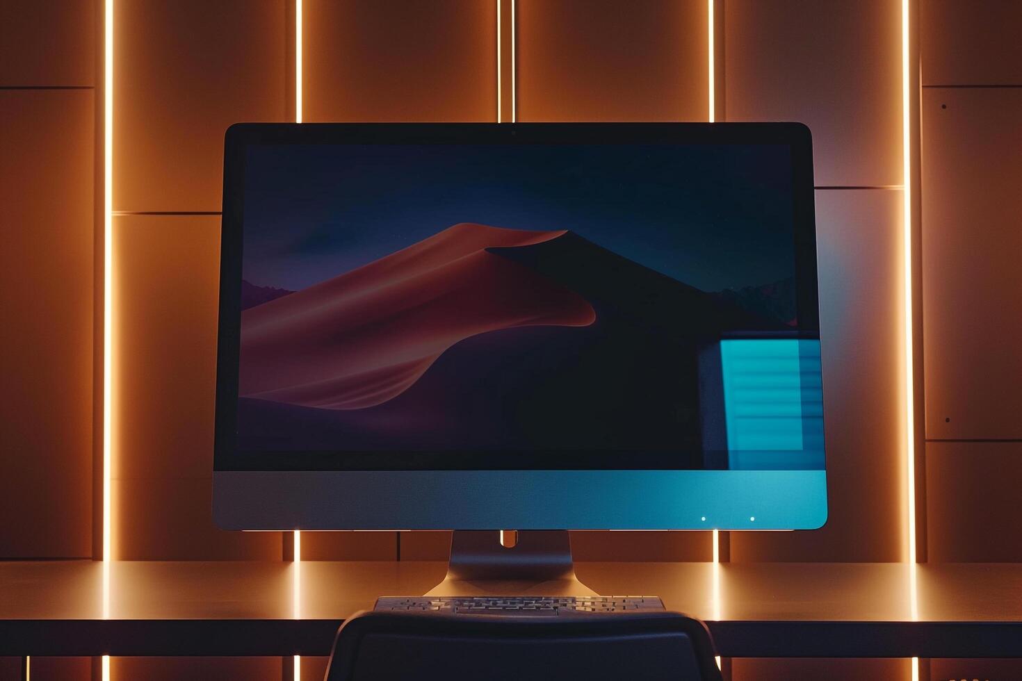 Computer Monitor Mockup on Metallic Bronze Surface for High End Tech Visuals photo