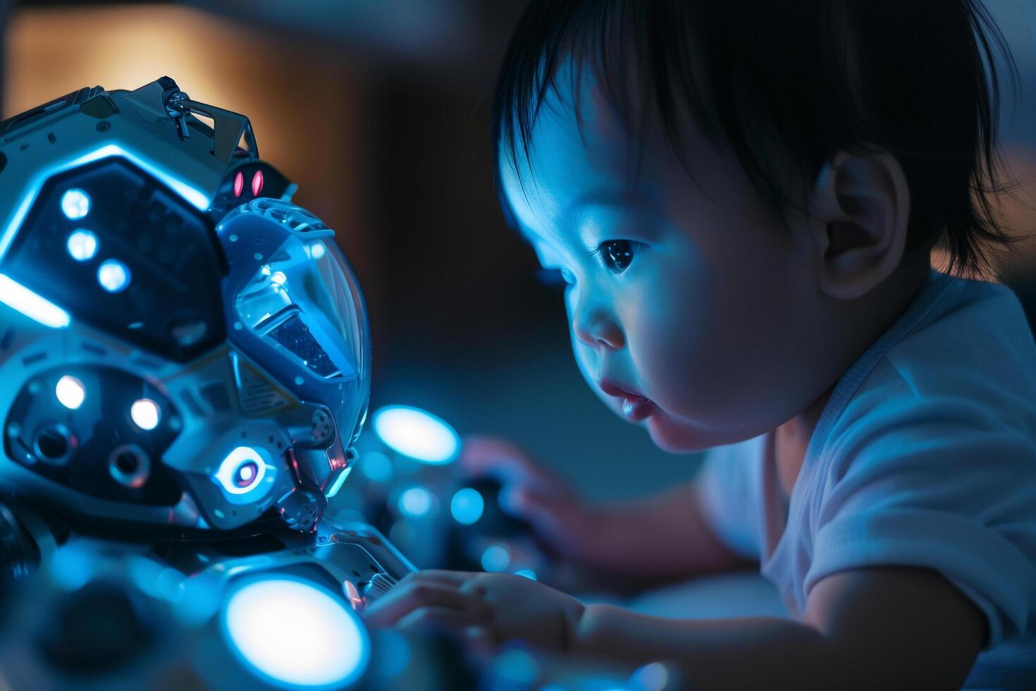 Baby Exploring Advanced Futuristic Gadgets in a  Tech photo