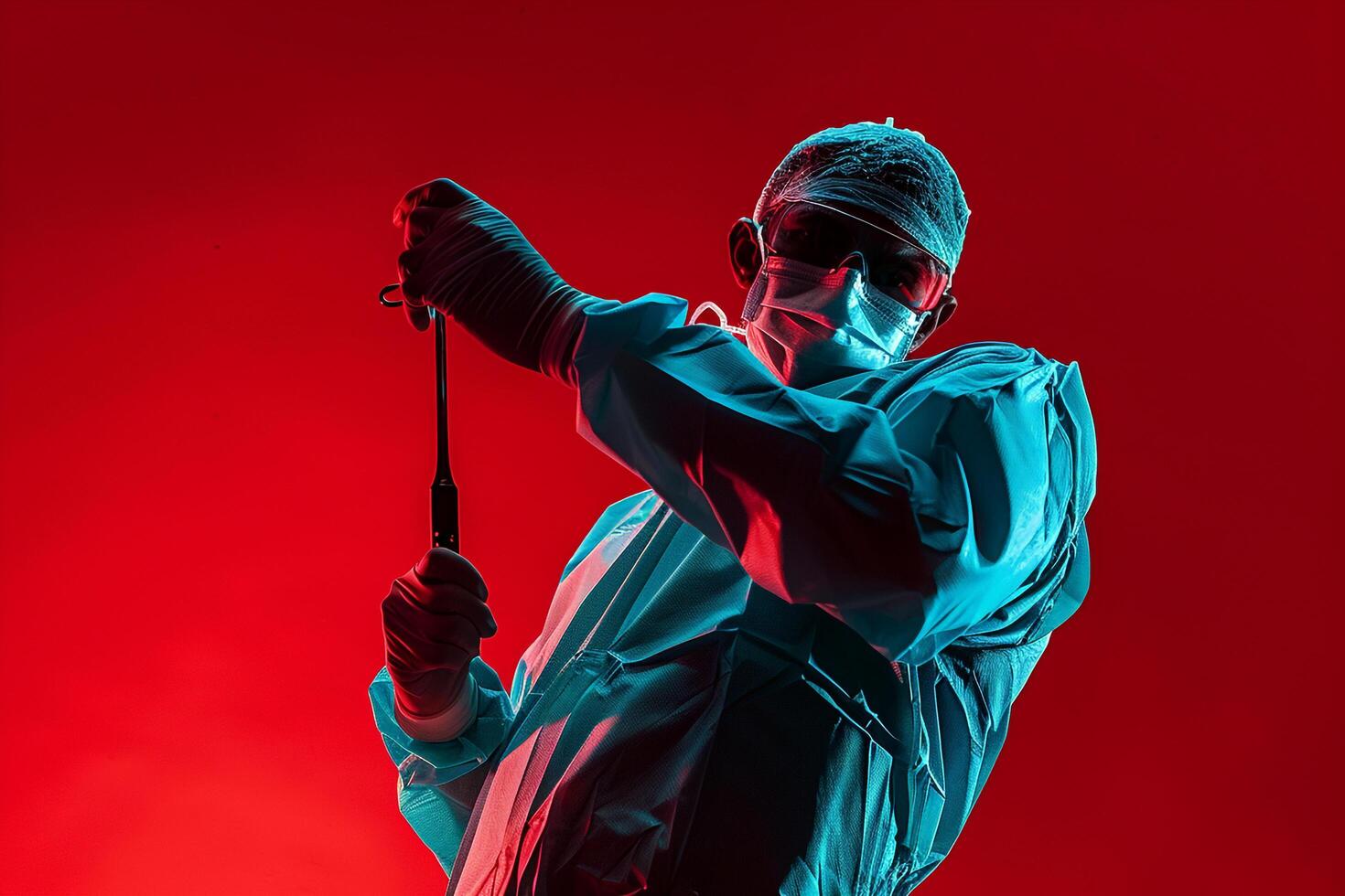 Surgeon in dynamic action pose ing on surgical tasks with a high level of precision in a clinical photo