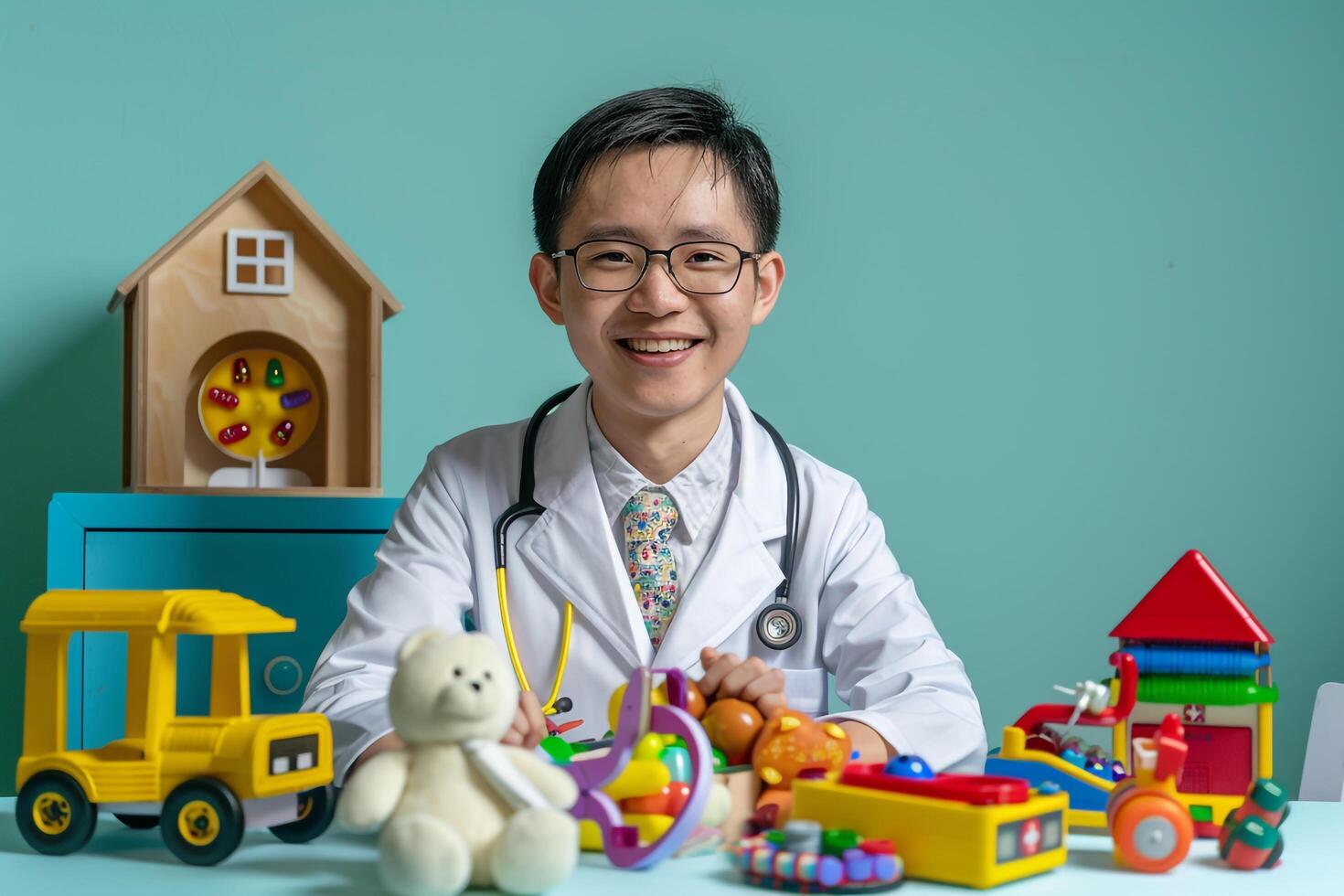 Pediatrician with  Smile and ful Toys Light Background photo