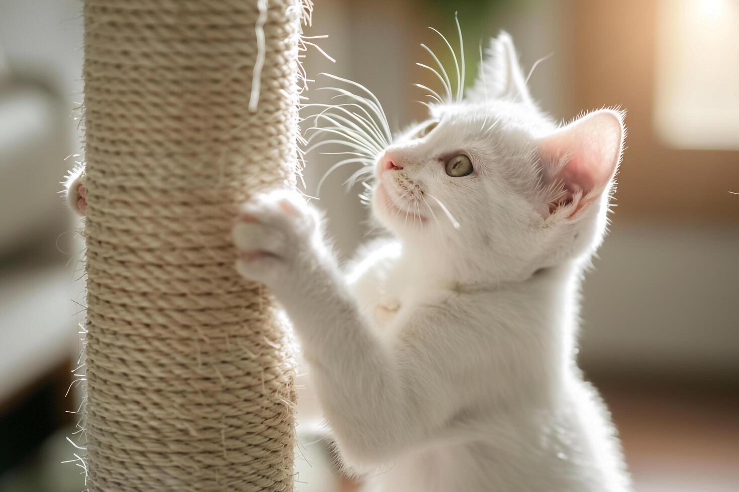 White Kitten Engaging with Scratching Post and Toys photo
