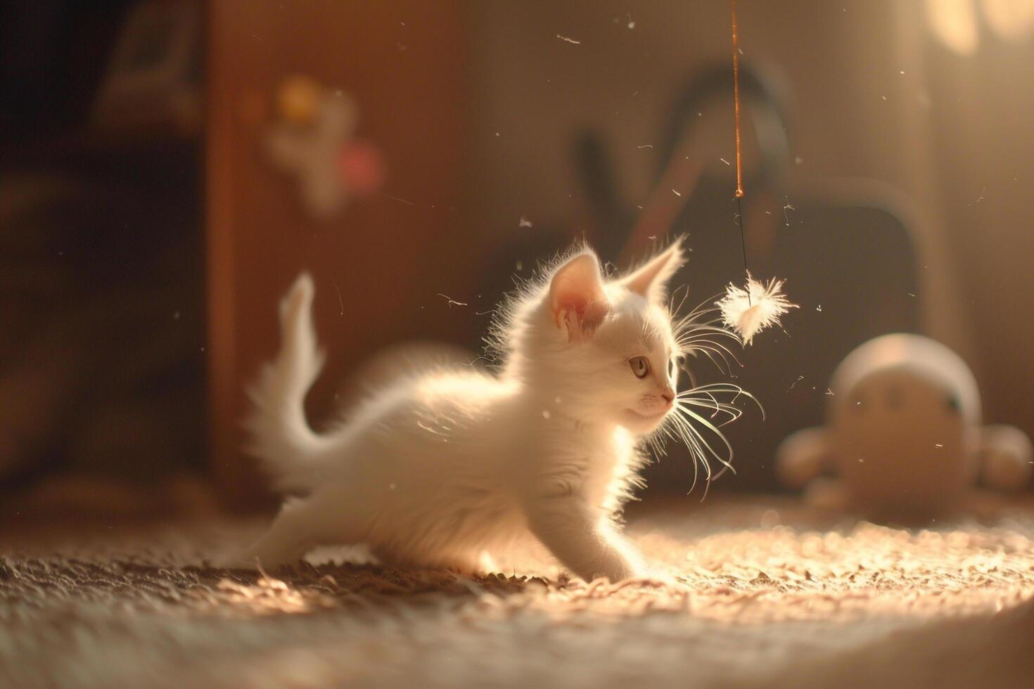 White Kitten Enthusiastically Playing with Feather Wand Toy photo