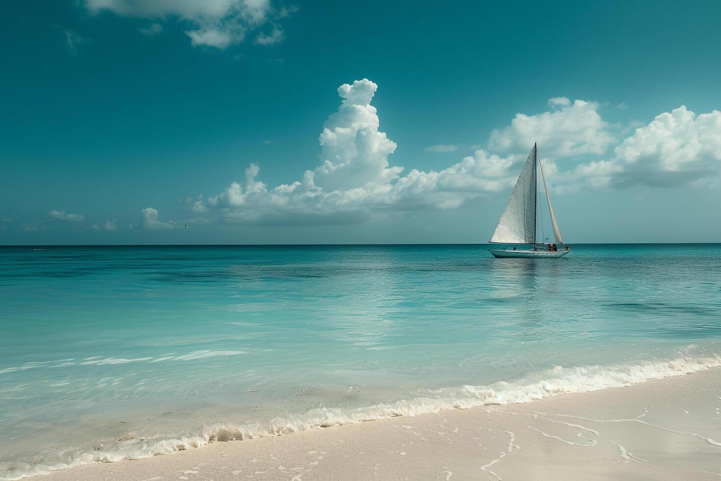 Island Beach with Turquoise Waters and Sailboat in Peaceful photo