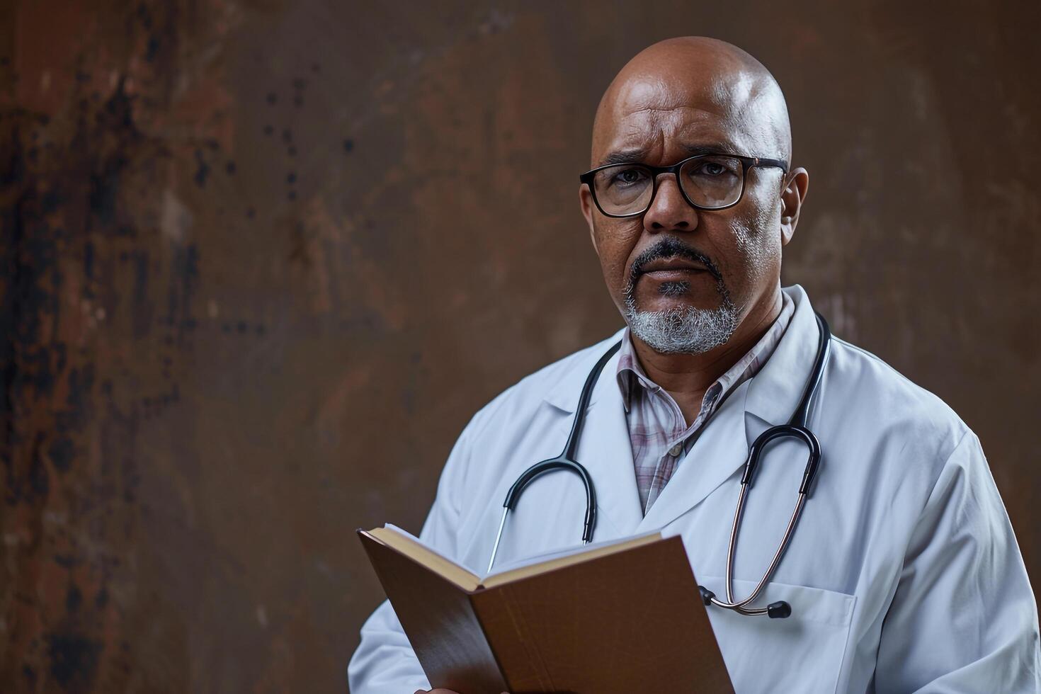 Doctor with Glasses and Medical Journal in  Brown Background photo
