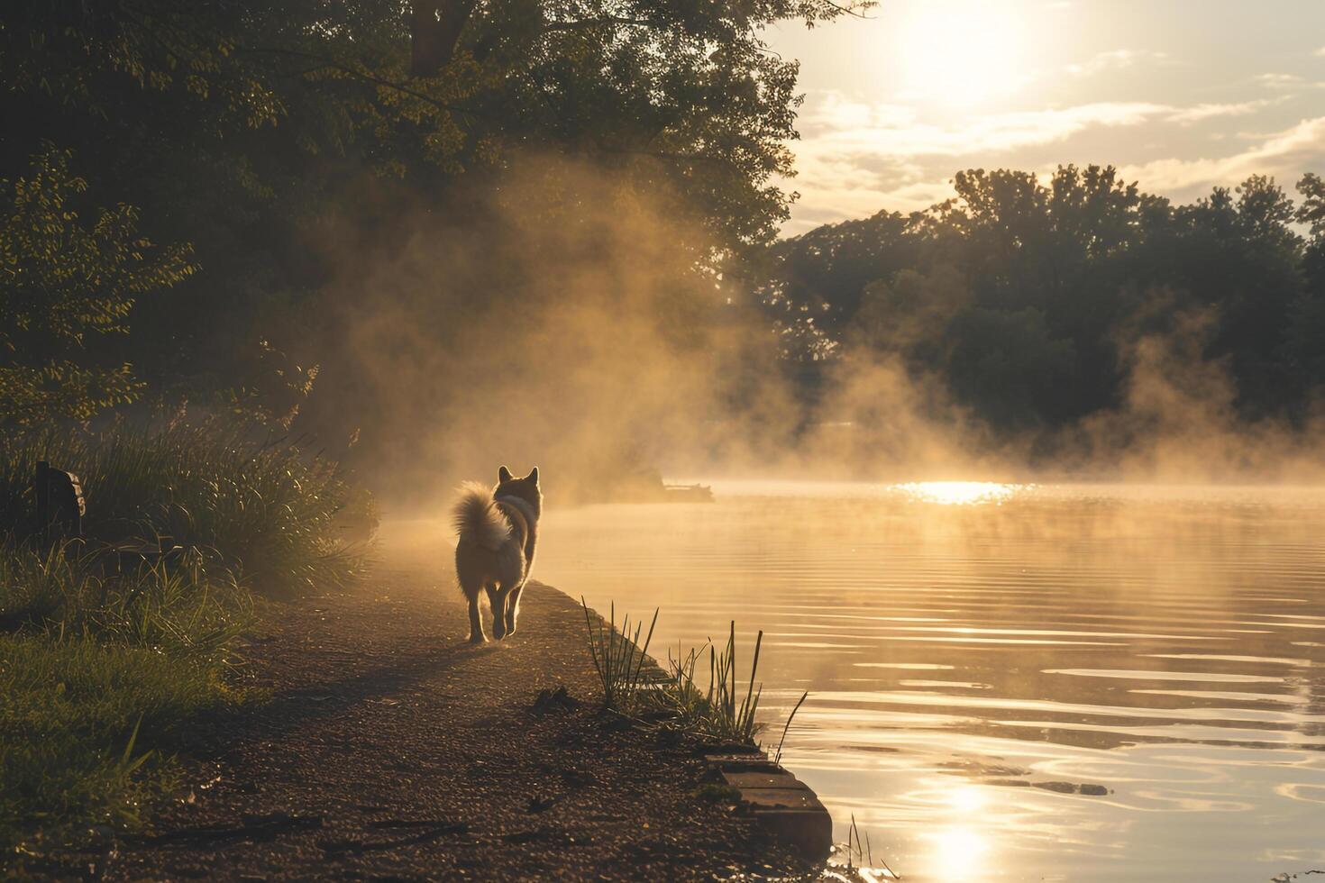 Dog Running Along Lakeside Path at Sunrise with Mist Rising from the Water photo