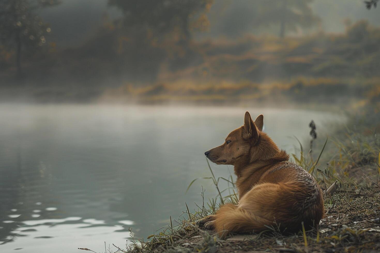 Dog relaxing by a misty lakeside with a serene background and gentle morning mist photo