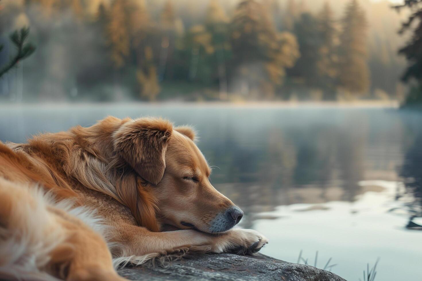 Dog peacefully resting by a misty lake with a tranquil morning mist and serene background photo