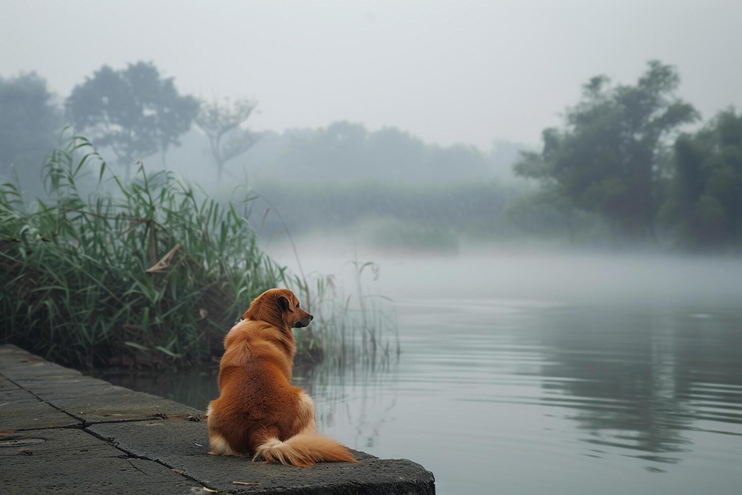 Dog relaxing by a misty lake with a peaceful background and rising morning mist photo