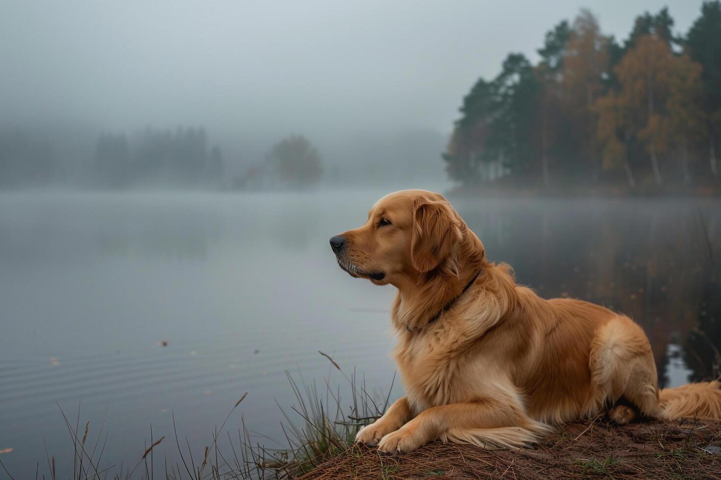 Tranquil dog enjoying a misty lakeside with gentle morning mist and a peaceful background photo
