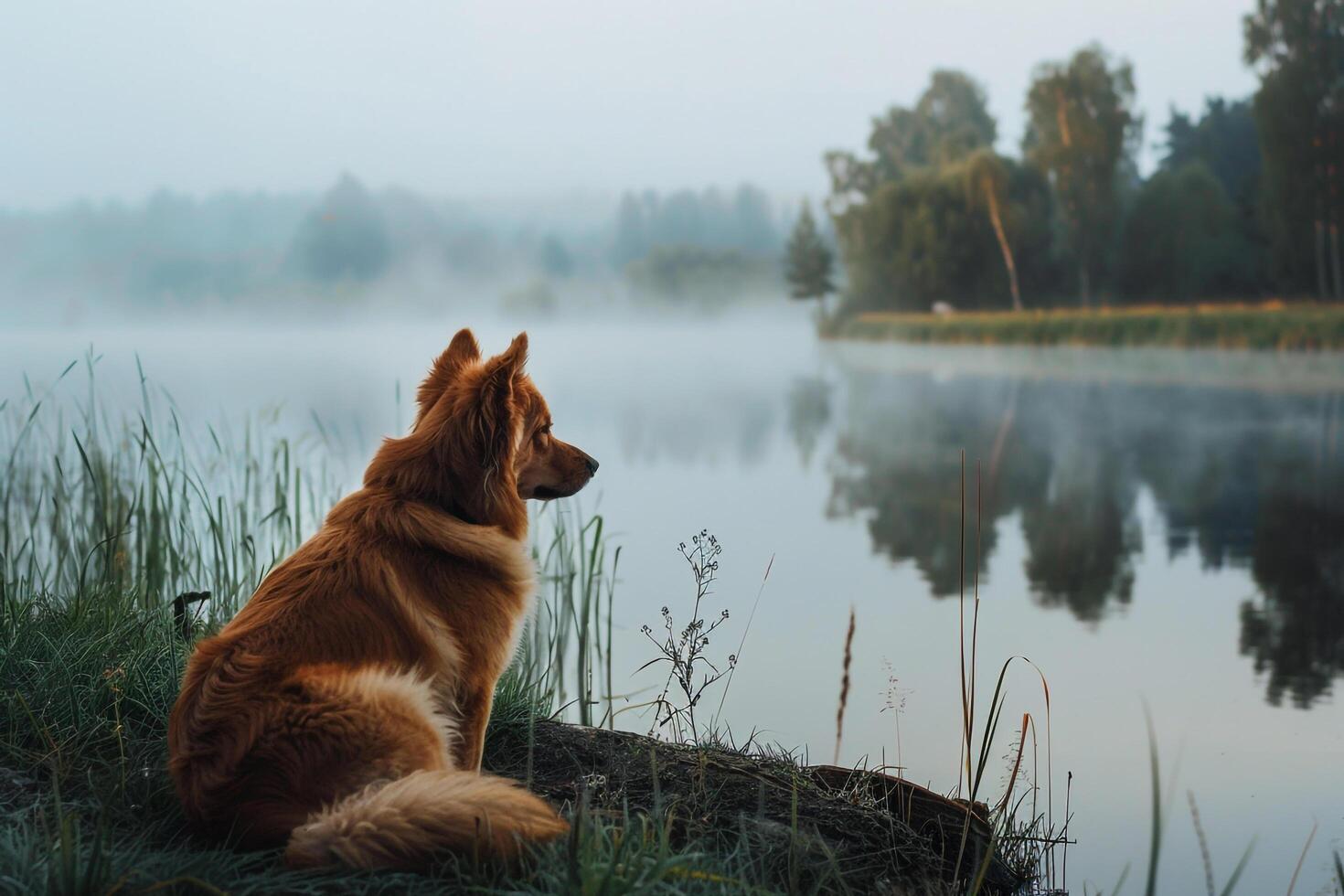 Dog at a misty lakeside with a tranquil background and  morning mist photo