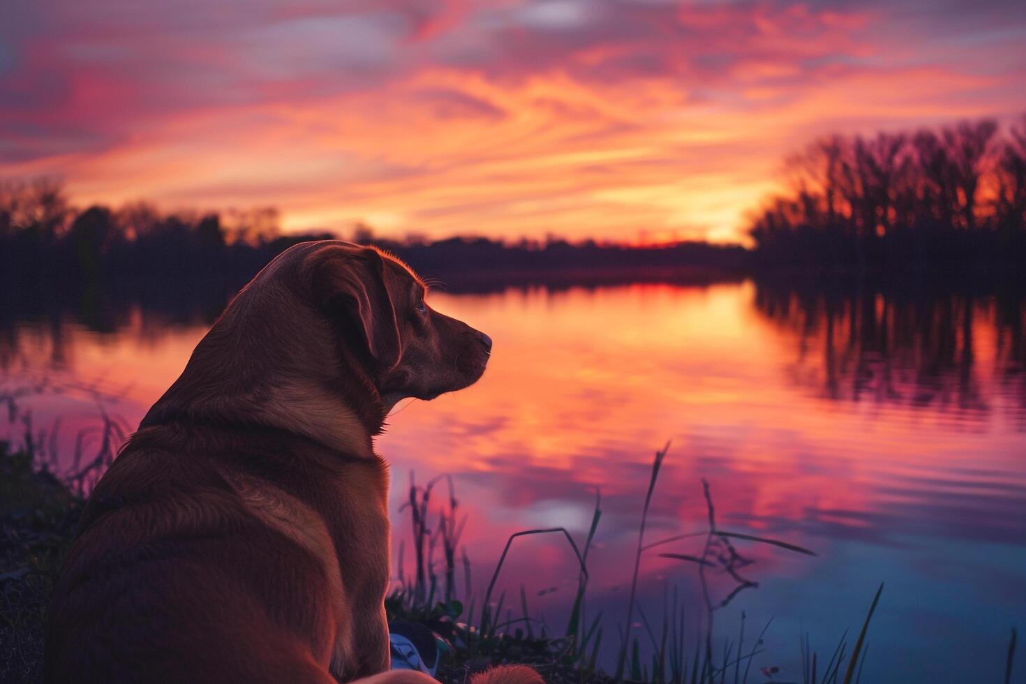 Dog observing a stunning sunset over a calm lake with  reflections and tranquil background photo