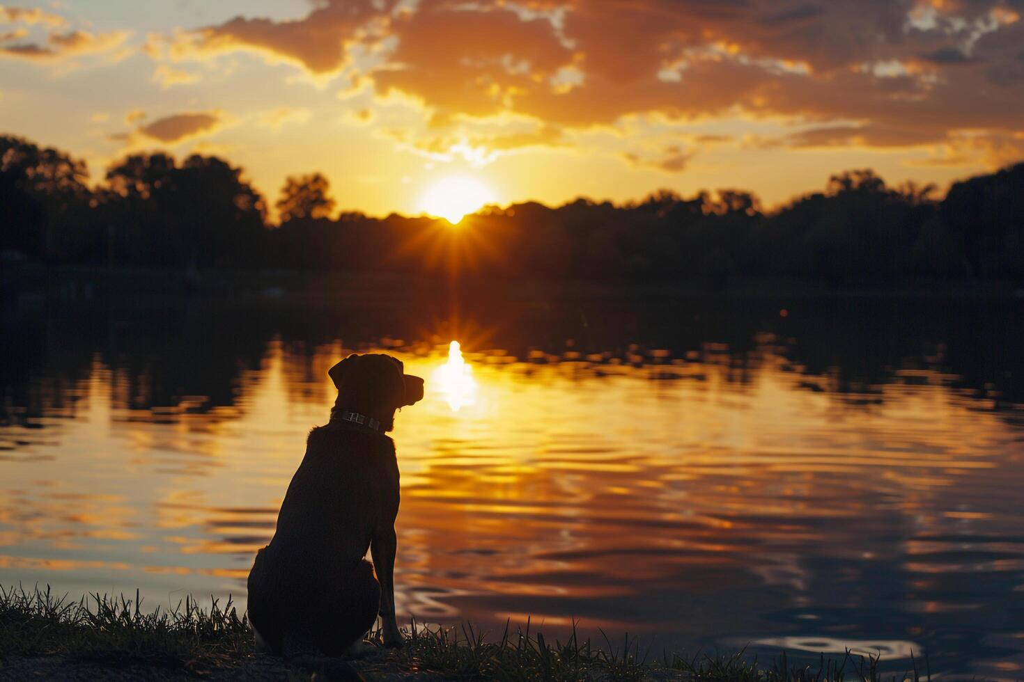 Dog admiring a  sunset over a peaceful lake with reflective water and a serene background photo