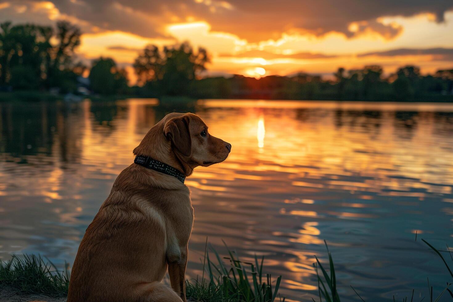 Dog gazing at a stunning sunset over a calm lake with  reflections and a serene background photo