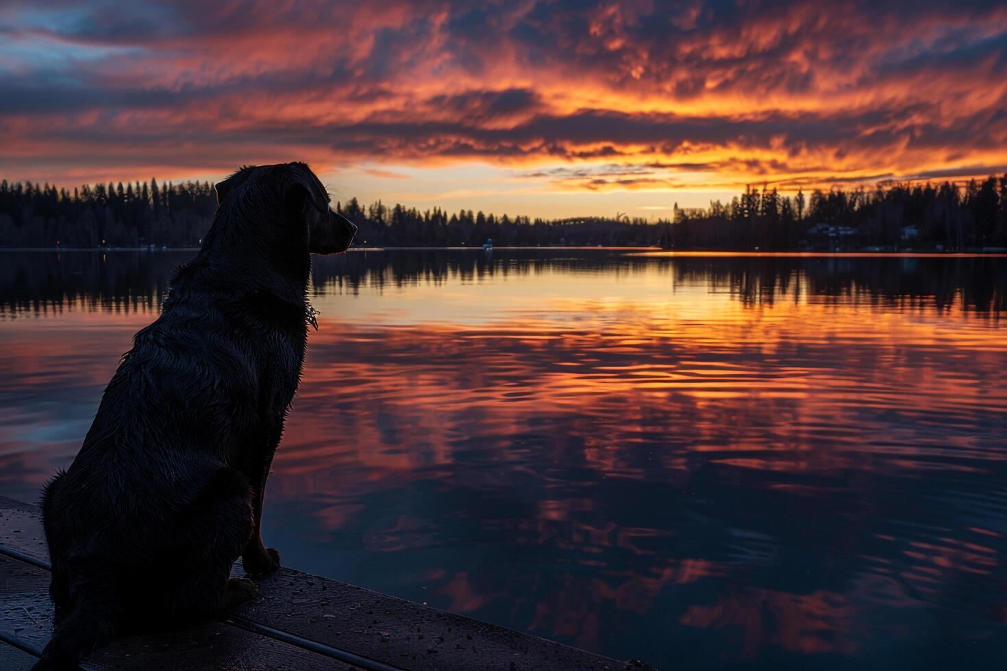 Dog at a peaceful lakeside watching a  sunset with reflective waters and a serene background photo