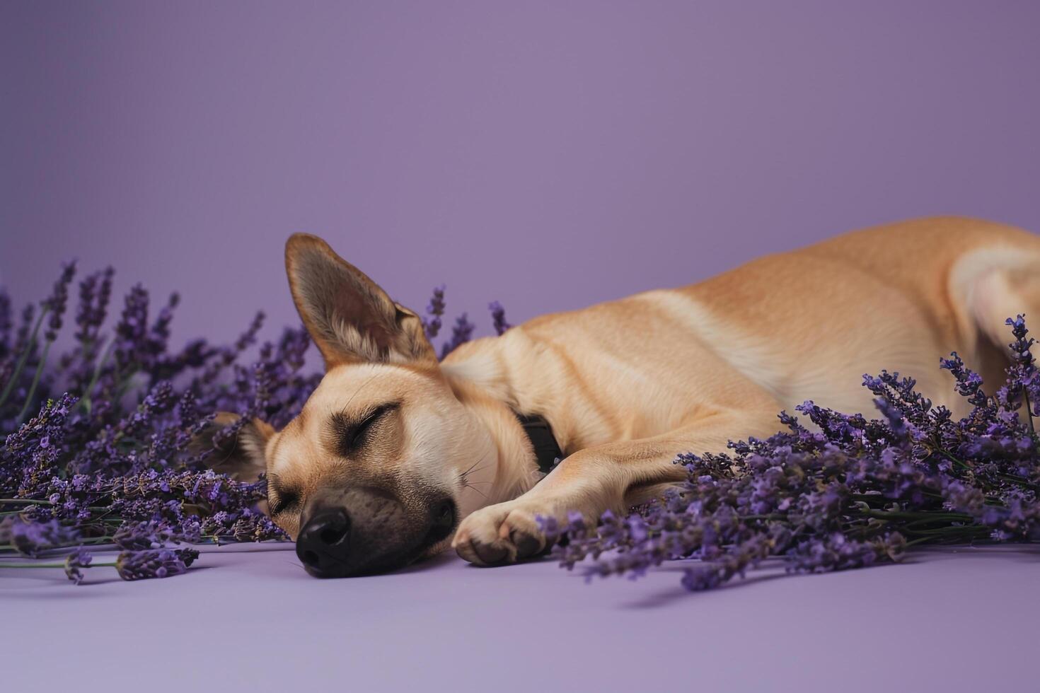 Dog resting on a lavender background enjoying a peaceful and comfortable photo