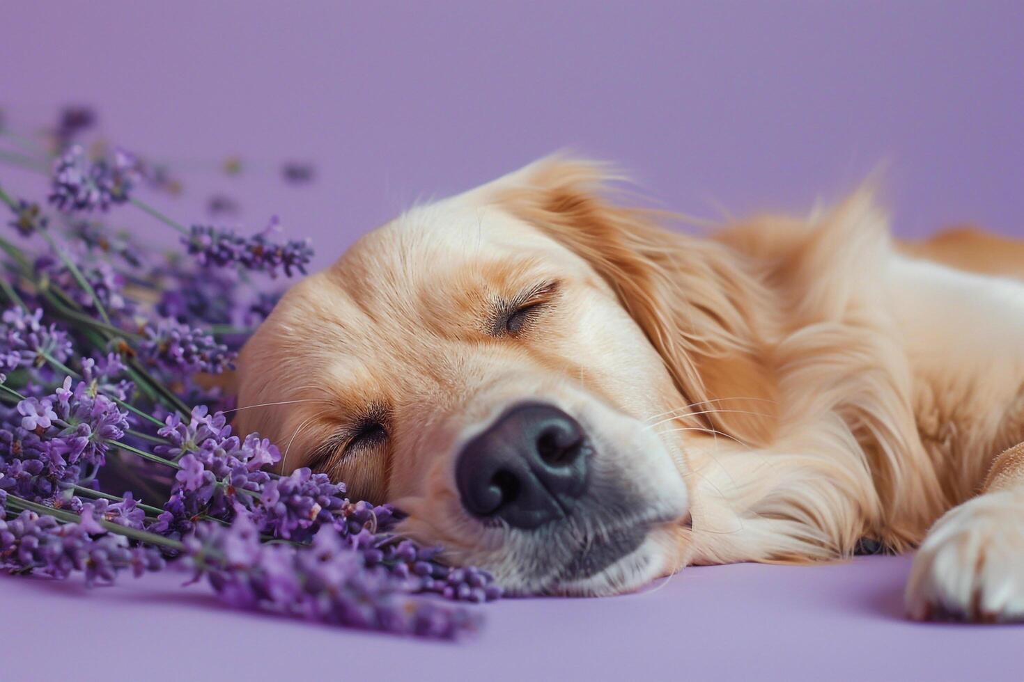 Dog resting comfortably on a lavender background surrounded by a calm and serene environment photo