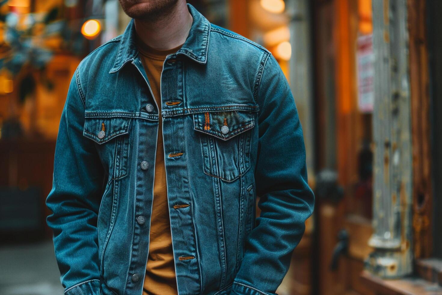 Man in Trendy Rustic Brown Denim Jacket Casual Fashion photo
