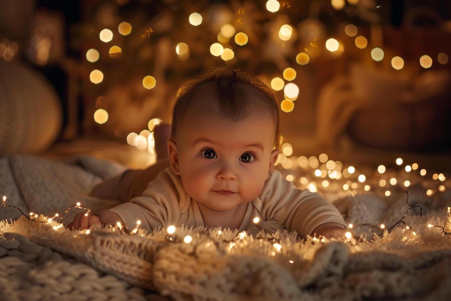 Baby Surrounded by Fairy Lights in a Dimly Lit Room photo