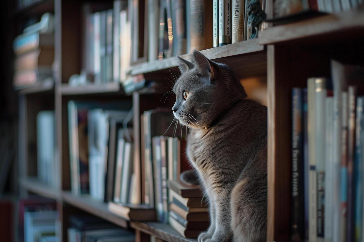 British Shorthair cat on a bookshelf observing with a regal pose adding a touch of elegance to the room background photo