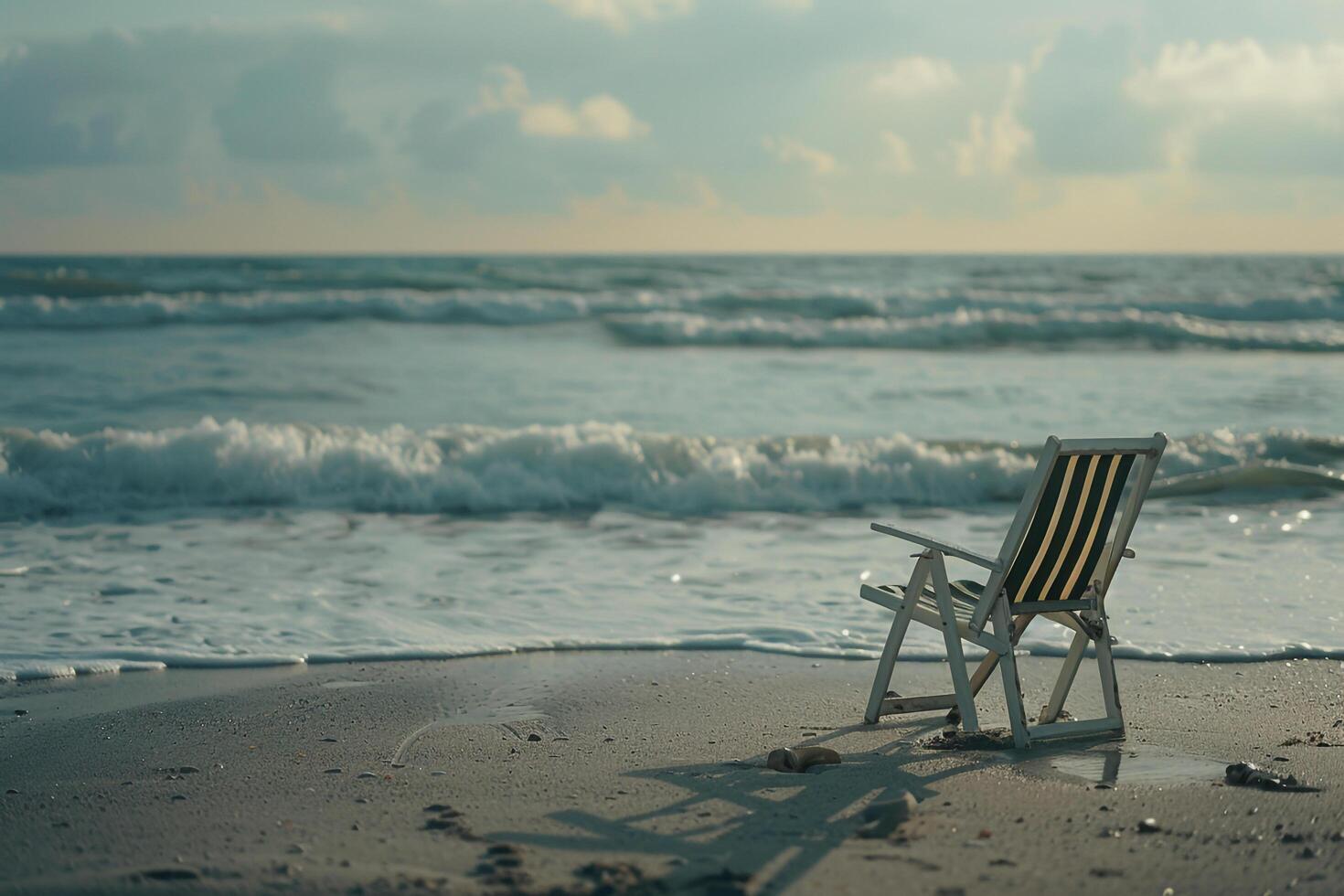 Solitary beach chair facing the ocean with gentle waves evoking a peaceful and scenic coastalbackground photo