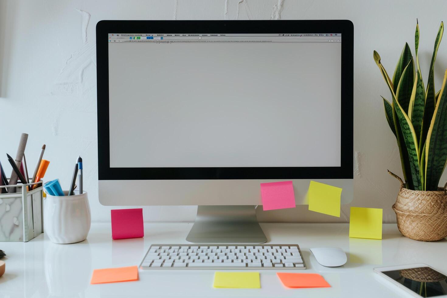 white desk featuring a computer mockup with sticky notes ideal for showcasing digital ideas background photo