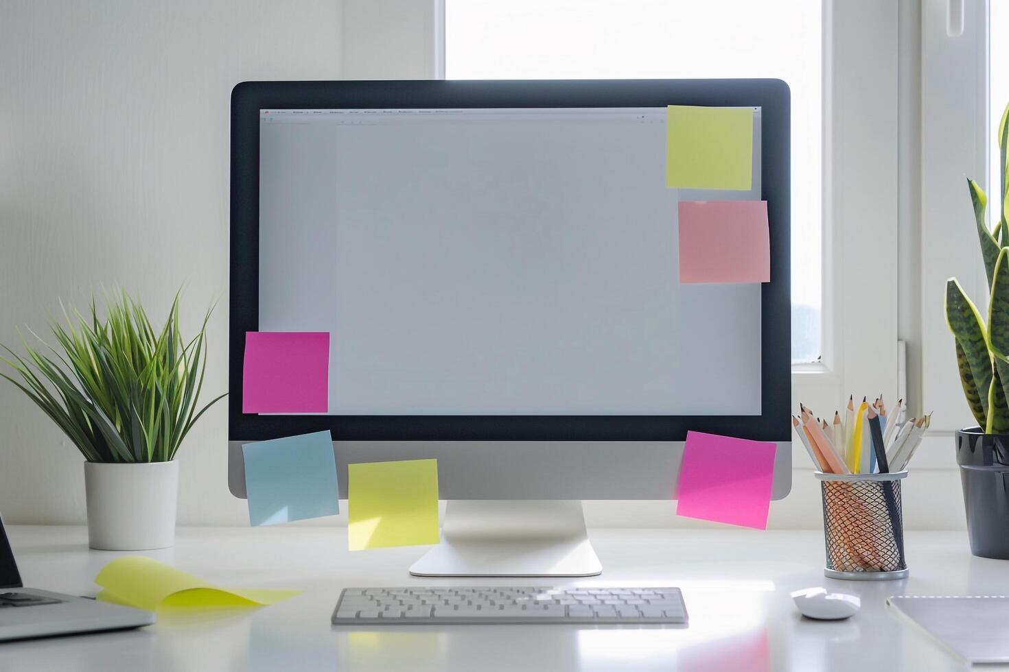 Computer mockup on a white desk with sticky notes perfect for  brainstorming and project planning background photo