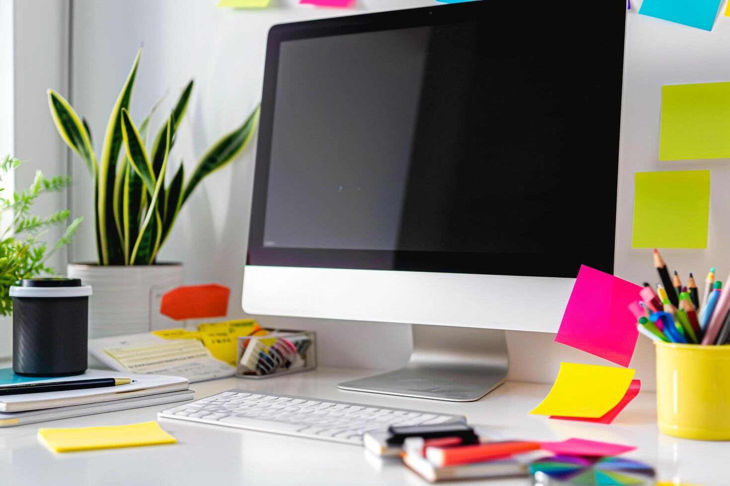 White desk with computer mockup and sticky notes arranged suitable for  work and project management background photo