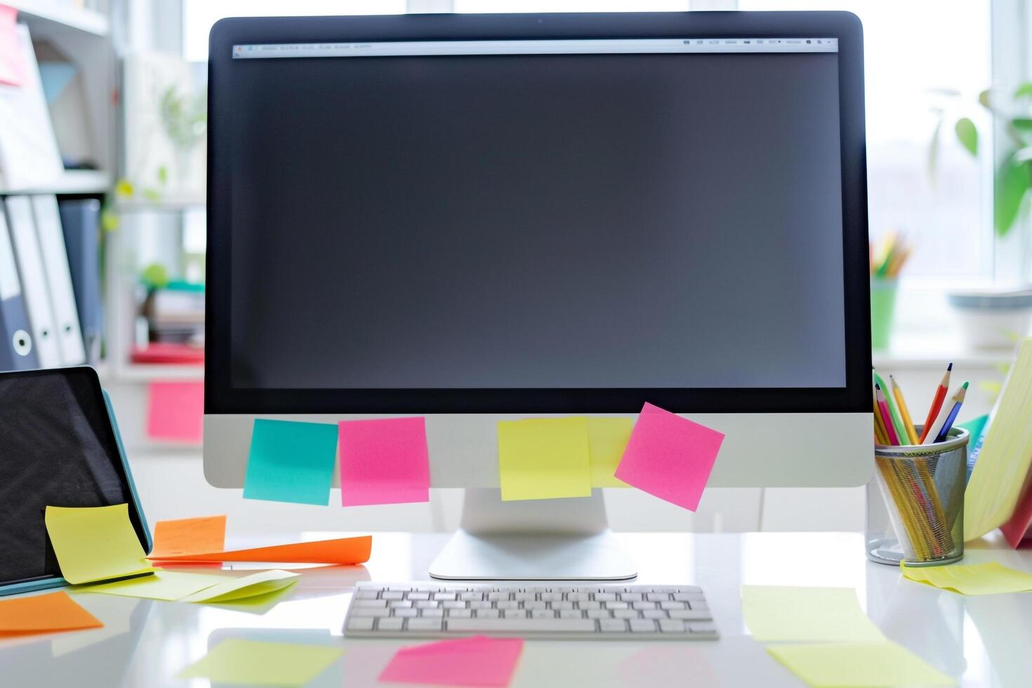 Computer mockup on a white desk with sticky notes creating an organized and professional workspace background photo