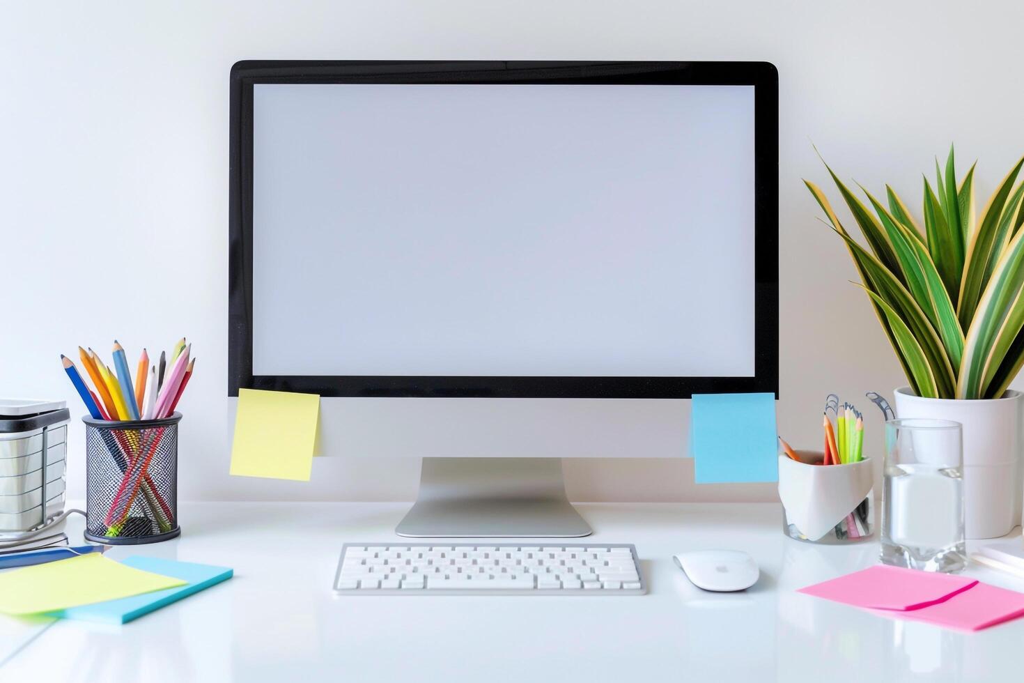 White desk with computer mockup and sticky notes perfect for presenting digital concepts and ideas background photo