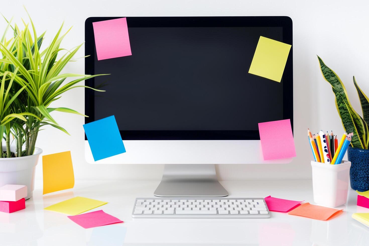 Computer mockup with sticky notes and a cup of coffee on a white desk ideal for work and relaxation background photo