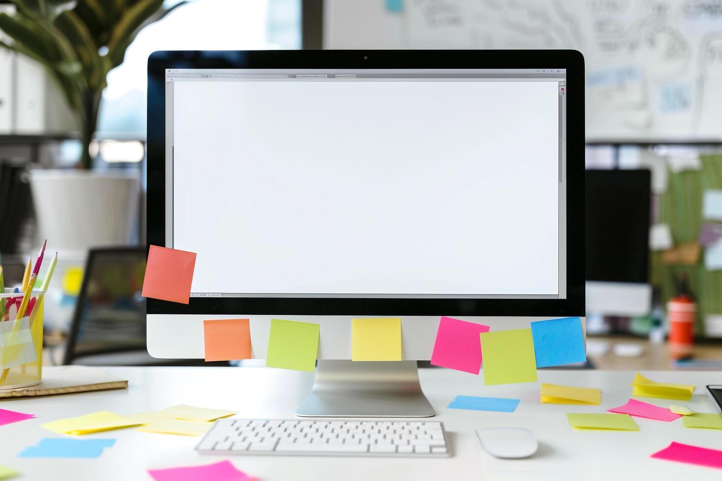 White desk with a computer mockup and sticky notes showcasing a  and organized workspace background photo