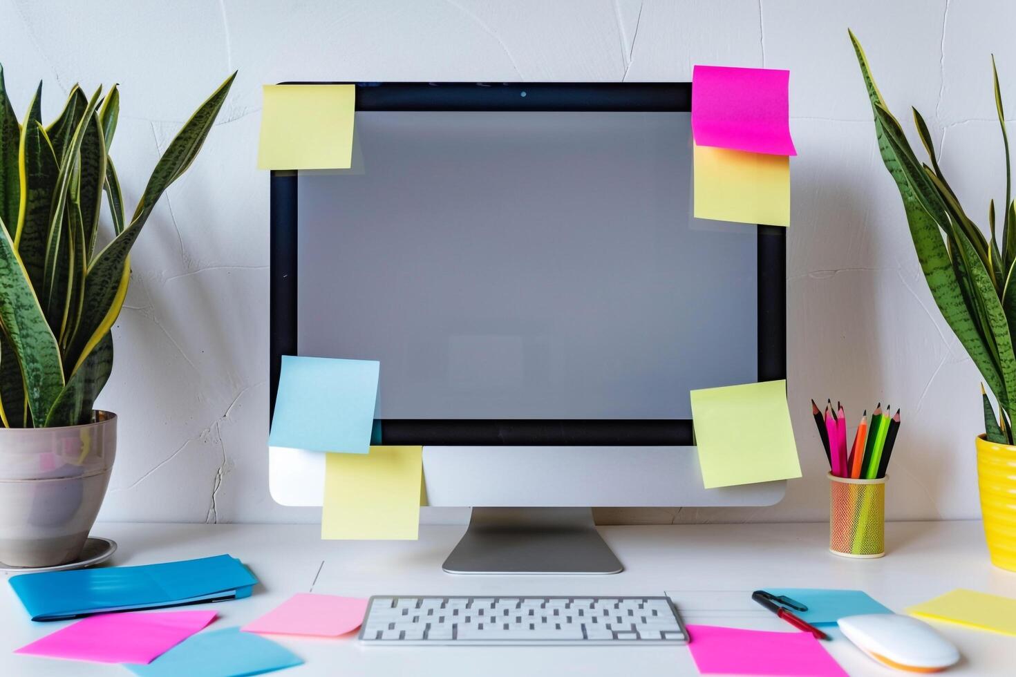 Computer mockup on a white desk with sticky notes and coffee cup showcasing a  and cozy workspace background photo