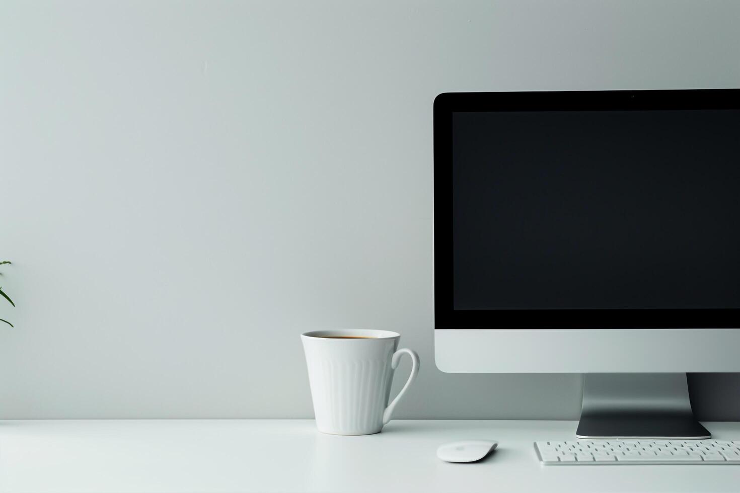 Computer mockup on a white desk with sticky notes and coffee cup ideal for a stylish and functional office space background photo