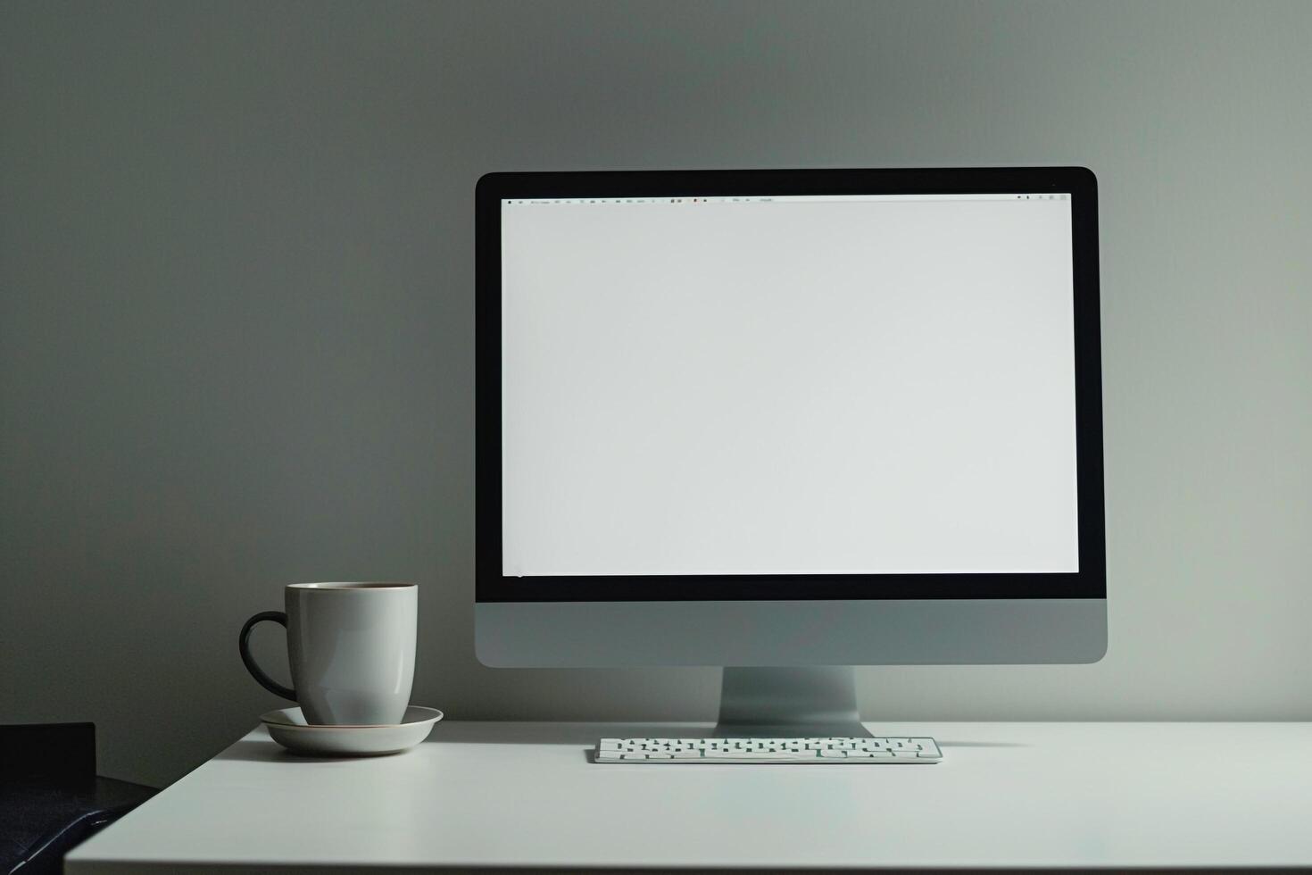 Computer mockup with sticky notes and coffee cup on a white desk perfect for digital projects and workspace organization background photo